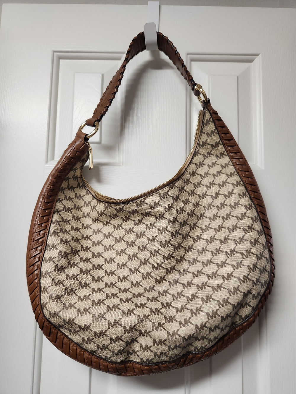 Michael Kors Beige and Brown MK Logo Hobo Bag